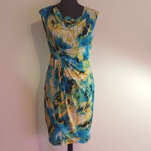 Connected Apparel Blue and Yellow Midi Dress